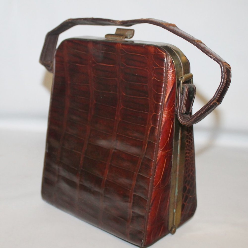 1940's Genuine Alligator Crocodile Framed Handbag Purse Bag